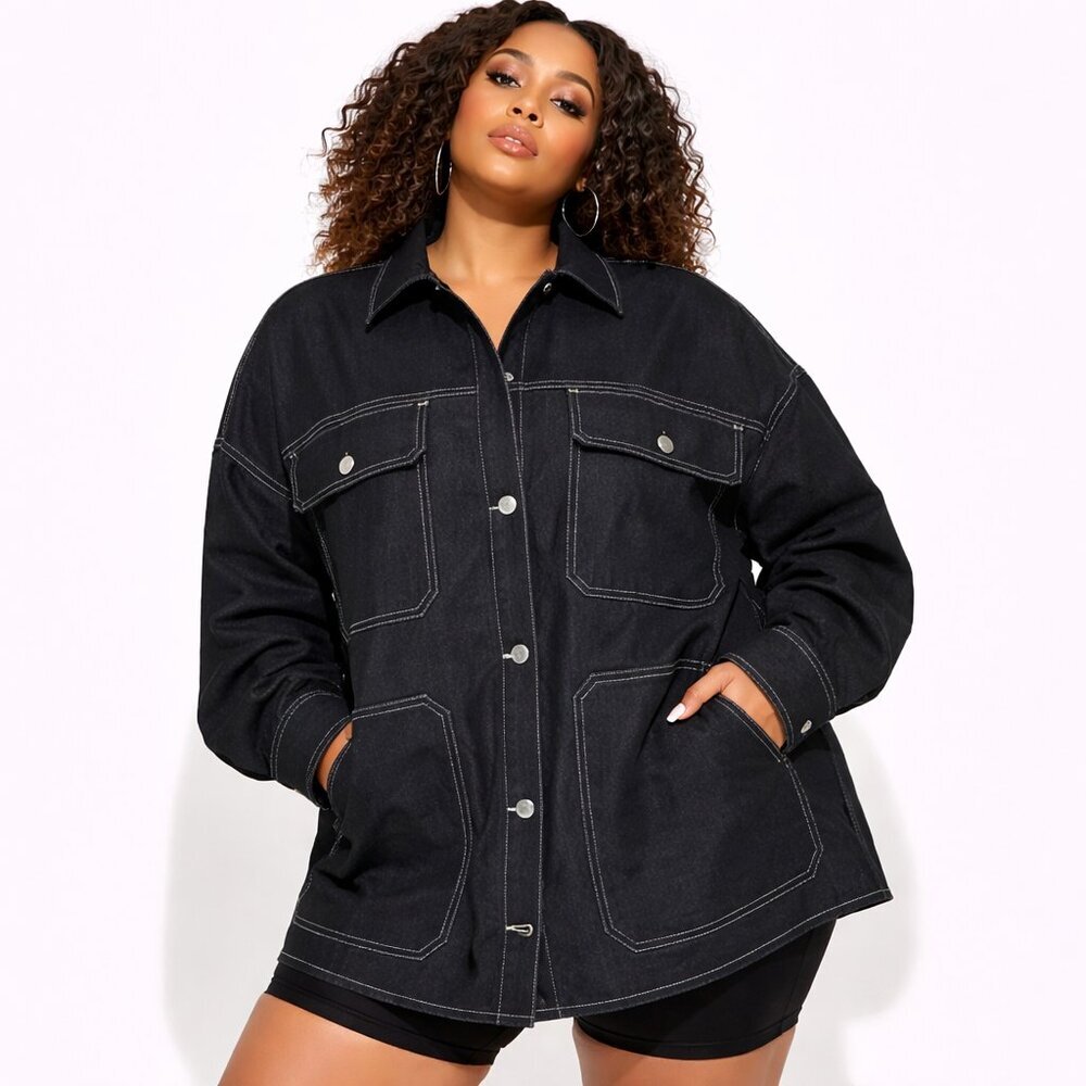 Fashion Nova Oversized Carpenter Denim Shirt Jacket Black Size 2X